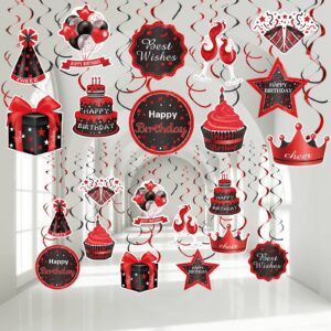 funrous 30 pieces happy birthday hanging swirl decorations birthday party ceiling streamers party foil swirls for kids women men birthday party decor supplies (red and black)