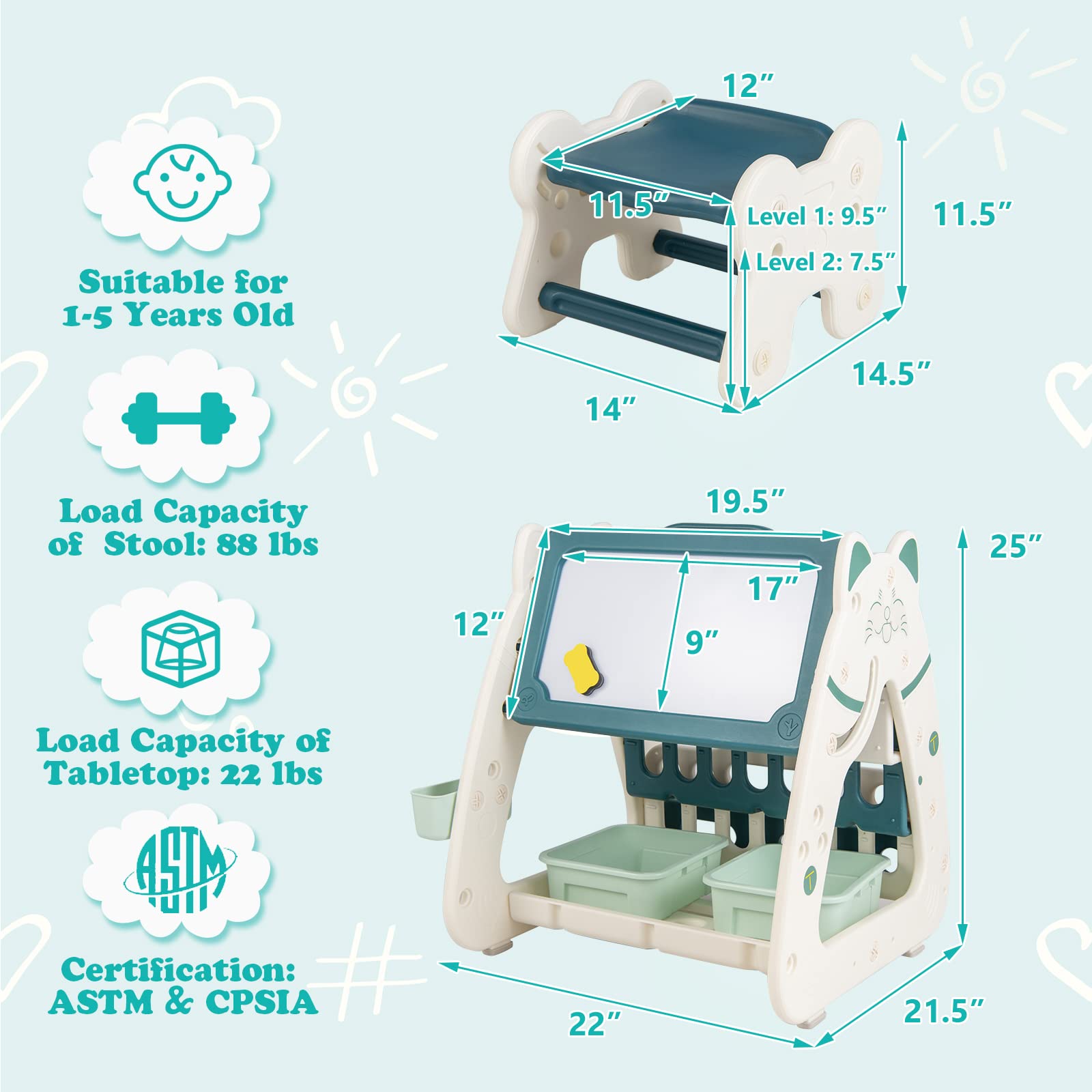 GLACER 3-in-1 Kids Art Easel w/Stool, Double-Sided Magnetic Dry Erase Board, Multi-Layer Book Rack, 2 Storage Baskets, 4 Colorful Markers, Adjustable Table & Chair Set for 1-5 Years Old Toddler