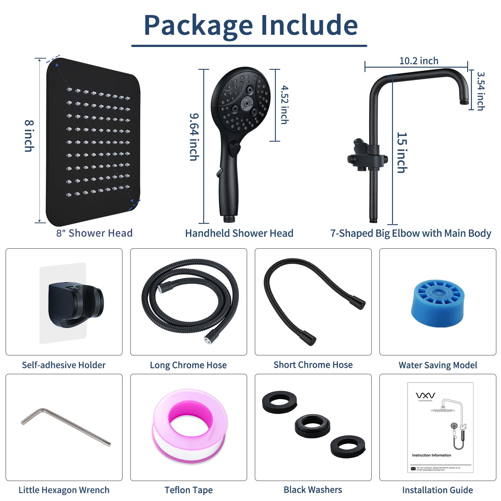 VXV 8'' High Pressure Rainfall Shower Head with 6 Function Handheld Shower Spray, Dual Shower Head Combo with Adjustable Slide Bar, Luxury Matte Black