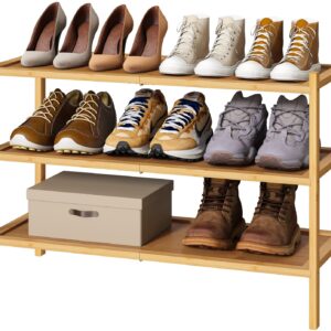 kiplant 3-Tier Shoe Rack for Entryway, Bamboo Wood Shoe Rack, Free Standing Shoe Racks for Indoor & Outdoor, Stackable Shoe Organizer for Closet