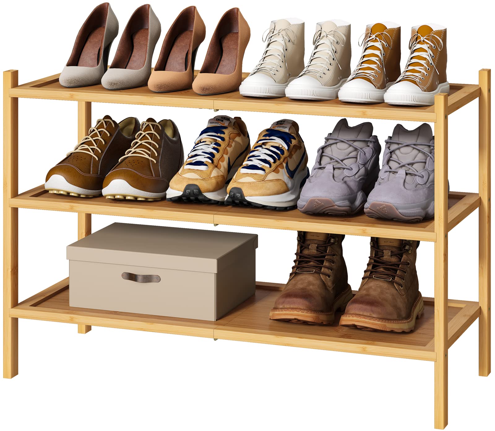 kiplant 3-Tier Shoe Rack for Entryway, Bamboo Wood Shoe Rack, Free Standing Shoe Racks for Indoor & Outdoor, Stackable Shoe Organizer for Closet