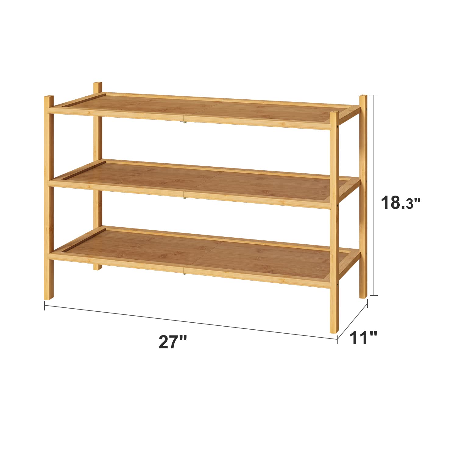 kiplant 3-Tier Shoe Rack for Entryway, Bamboo Wood Shoe Rack, Free Standing Shoe Racks for Indoor & Outdoor, Stackable Shoe Organizer for Closet