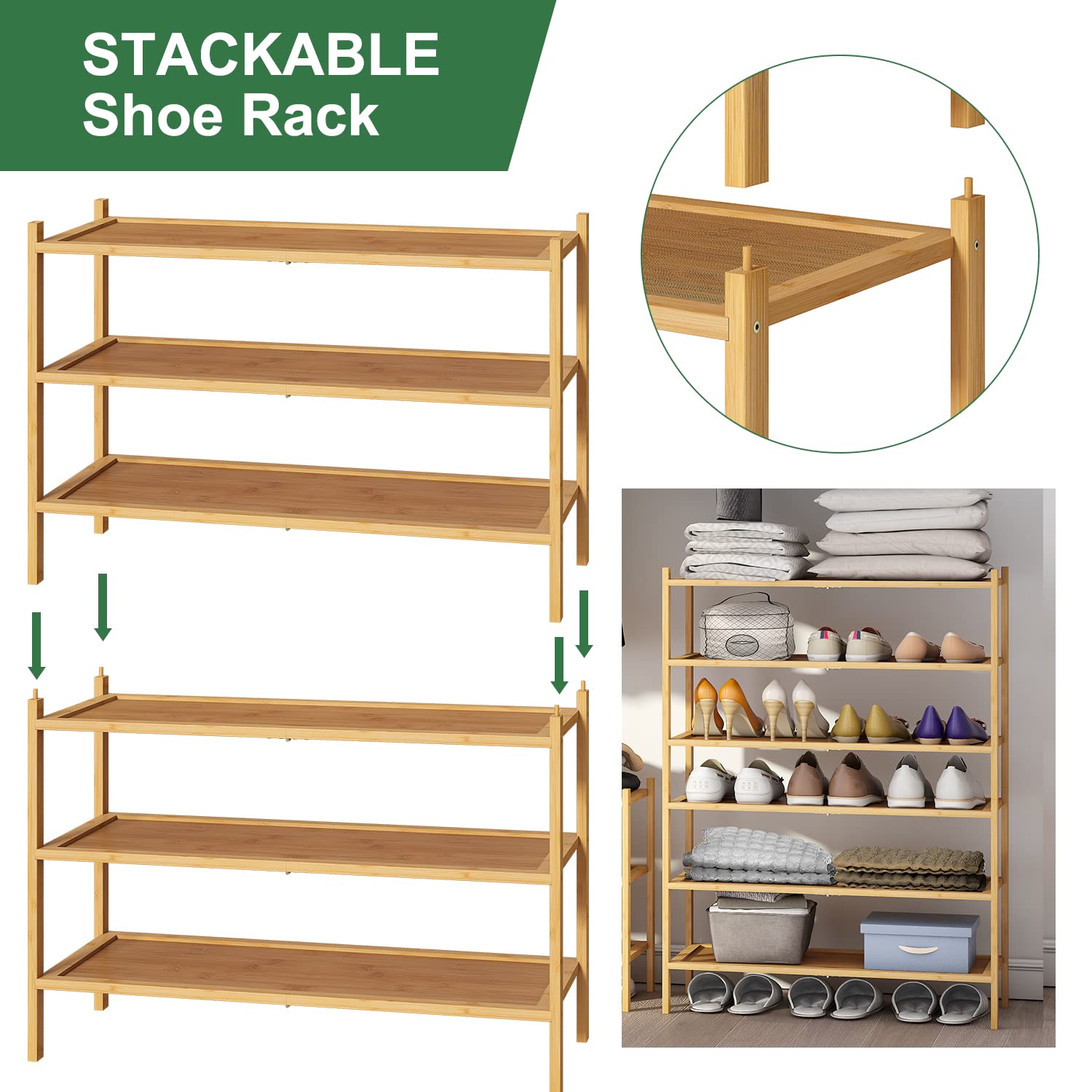 kiplant 3-Tier Shoe Rack for Entryway, Bamboo Wood Shoe Rack, Free Standing Shoe Racks for Indoor & Outdoor, Stackable Shoe Organizer for Closet