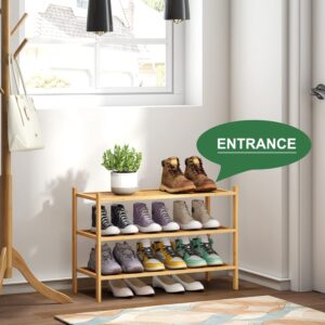 kiplant 3-Tier Shoe Rack for Entryway, Bamboo Wood Shoe Rack, Free Standing Shoe Racks for Indoor & Outdoor, Stackable Shoe Organizer for Closet