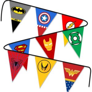 superhero theme happy birthday banner for kids adults fabric banner background for birthday party decorations pennant banner garland decor for kids boys girls baby shower birthday party favor supplies