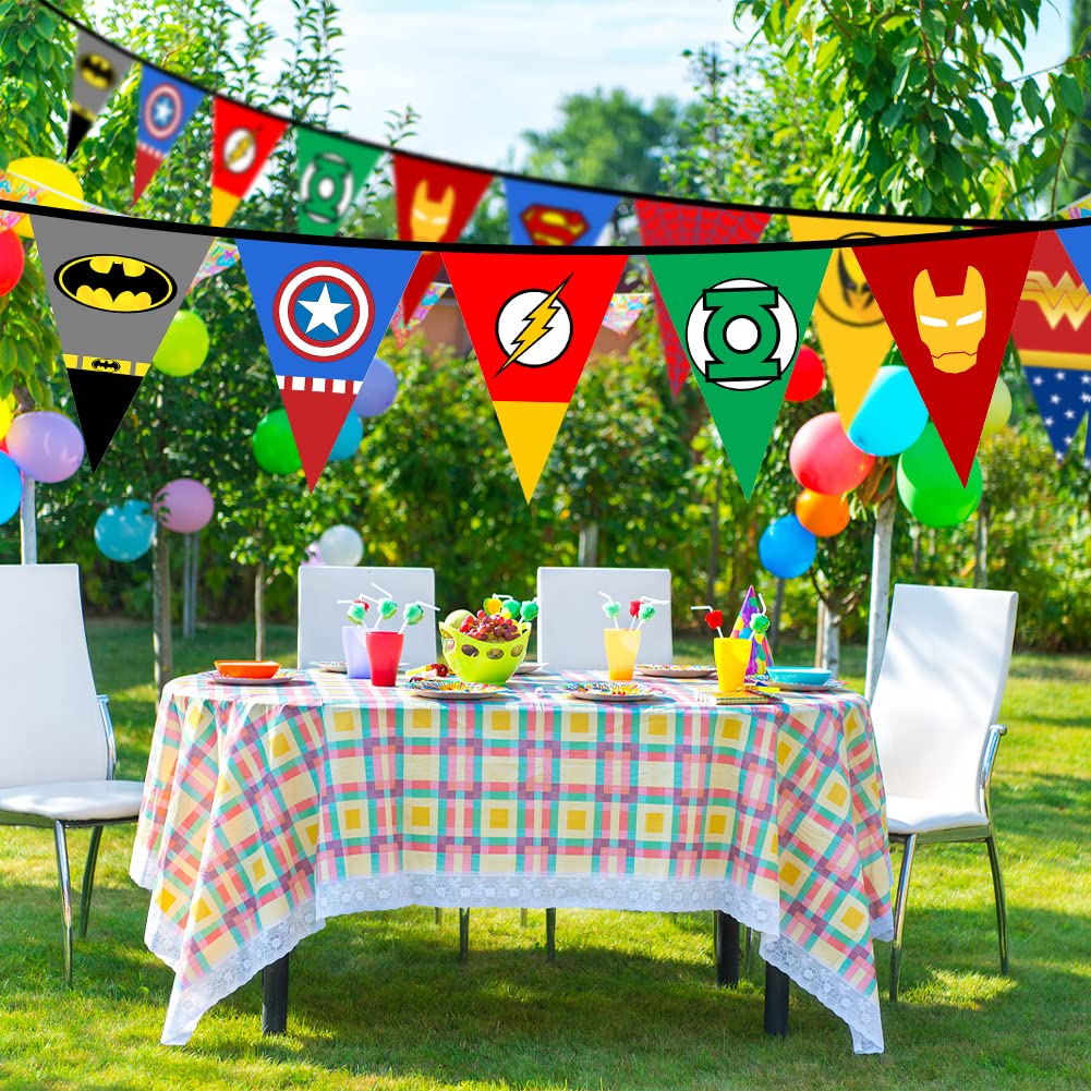 Superhero Theme Happy Birthday Banner for Kids Adults Fabric Banner Background for Birthday Party Decorations Pennant Banner Garland Decor for Kids Boys Girls Baby Shower Birthday Party Favor Supplies