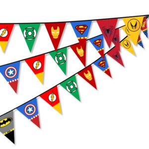 Superhero Theme Happy Birthday Banner for Kids Adults Fabric Banner Background for Birthday Party Decorations Pennant Banner Garland Decor for Kids Boys Girls Baby Shower Birthday Party Favor Supplies