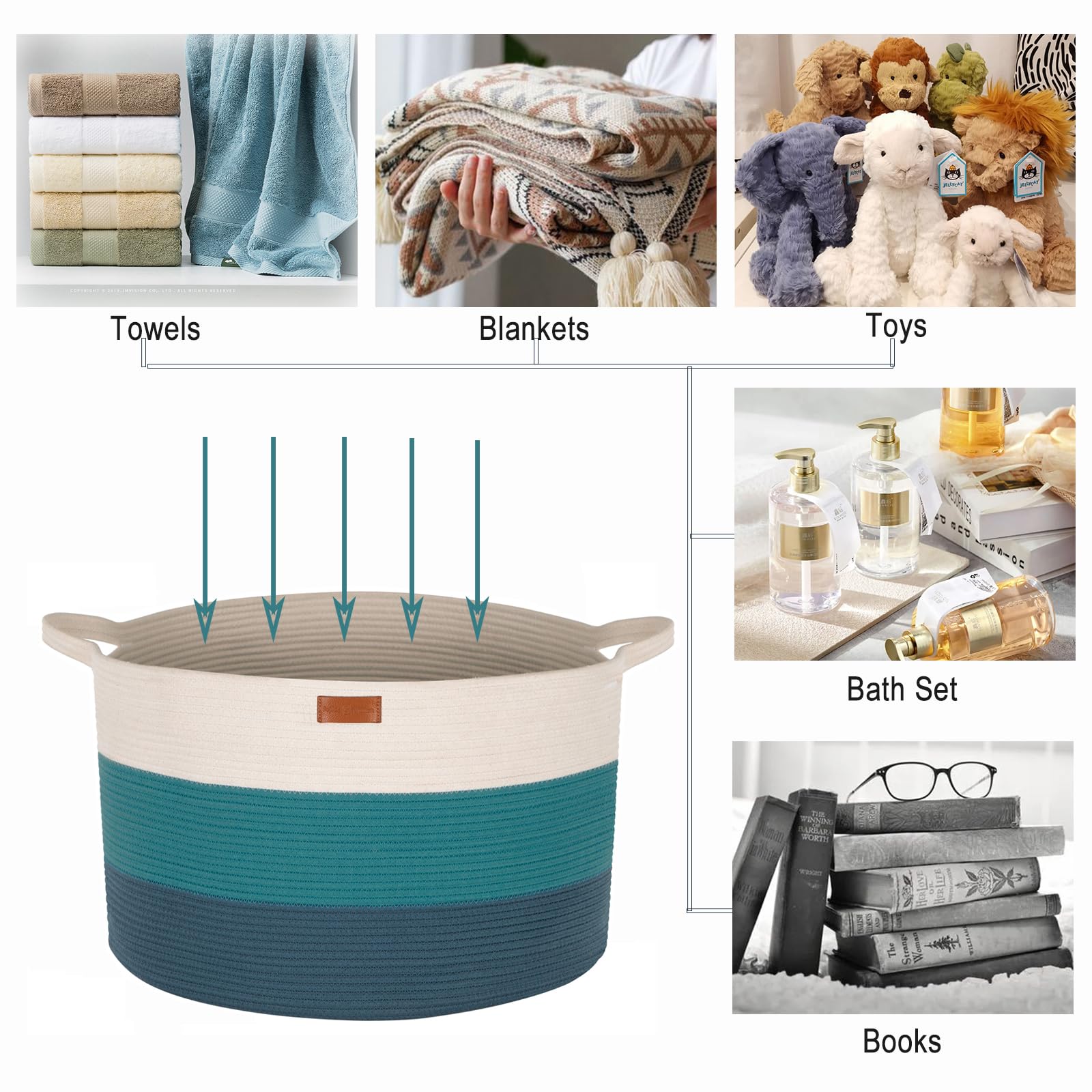 Sophia & William XXXLarge Cotton Rope Basket 21.7" x 21.7" x 13.8", Woven Nurery Storage Basket with Handle, Baby Laundry Basket Hamper for Toys Towels Comforters Blankets Pillows, 1 pack, Teal
