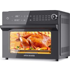 apexchaser air fryer toaster oven combo, 32qt/30l large countertop convection toaster oven, 18-in-1 functions, fits 13" pizza, 9-slice toast and 13 lbs chicken, basket, tray(4 accessories) included