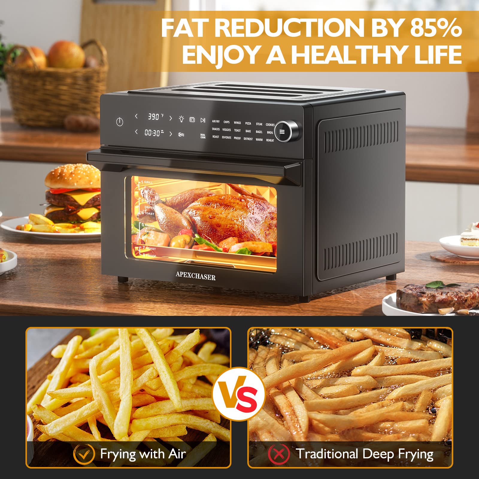 APEXCHASER Air Fryer Toaster Oven Combo, 32QT/30L Large Countertop Convection Toaster Oven, 18-in-1 Functions, Fits 13" Pizza, 9-Slice Toast and 13 Lbs Chicken, Basket, Tray(4 Accessories) Included