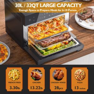 APEXCHASER Air Fryer Toaster Oven Combo, 32QT/30L Large Countertop Convection Toaster Oven, 18-in-1 Functions, Fits 13" Pizza, 9-Slice Toast and 13 Lbs Chicken, Basket, Tray(4 Accessories) Included