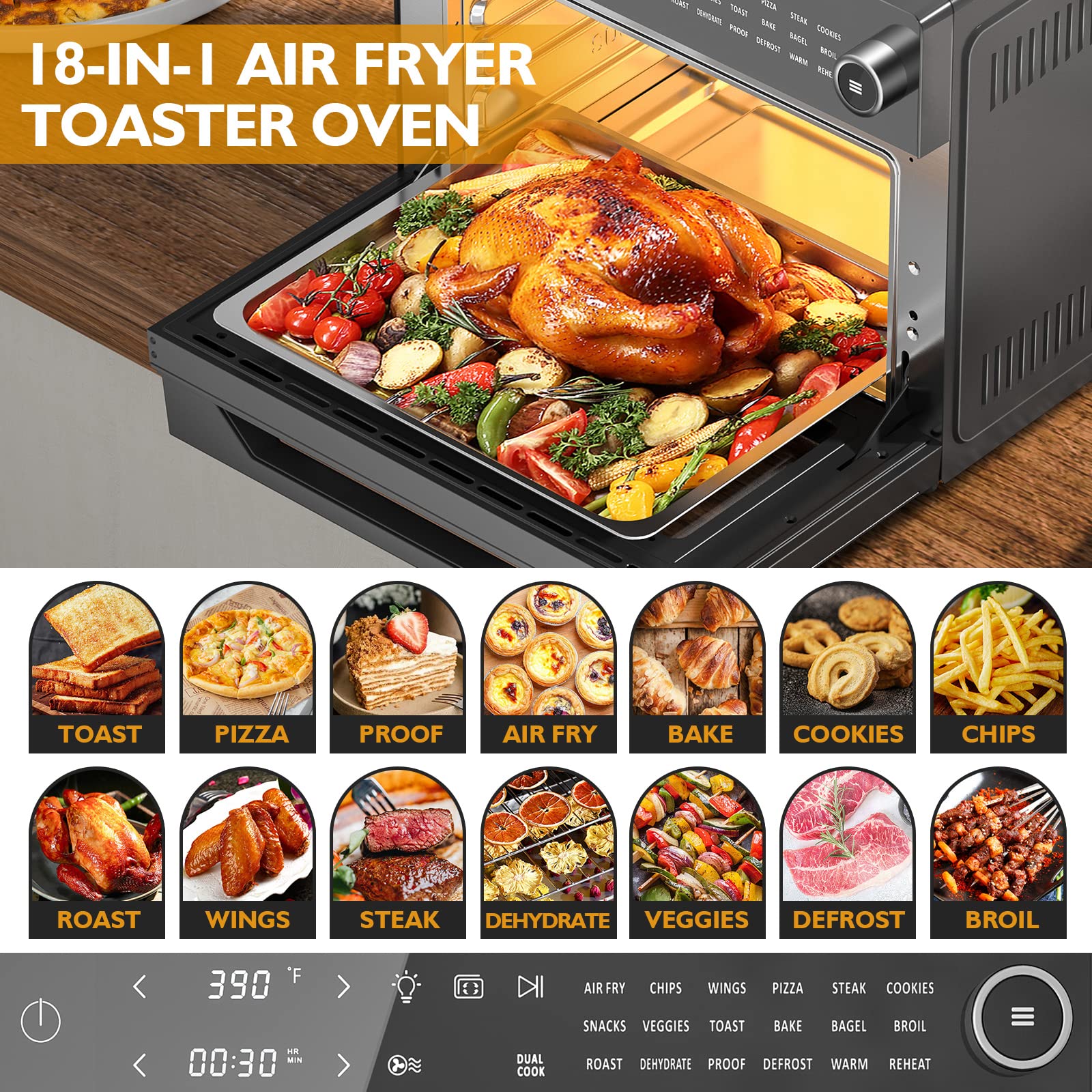 APEXCHASER Air Fryer Toaster Oven Combo, 32QT/30L Large Countertop Convection Toaster Oven, 18-in-1 Functions, Fits 13" Pizza, 9-Slice Toast and 13 Lbs Chicken, Basket, Tray(4 Accessories) Included