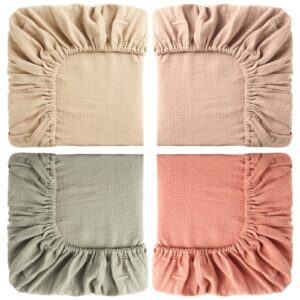4 pcs baby crib sheets for boys girls, cotton baby fitted crib sheet soft muslin crib sheets for mini crib mattress (natural series color,24 x 38 inch)