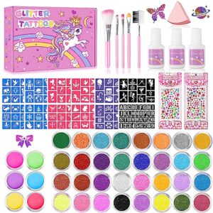 temporary glitter tattoos kids,32 glitter colors and 6 fluorescent colors,165 stencils,2 diamond stickers,3 glue,5 brushes,1 powder puff,adults and kids arts glitter kit,holiday gifts for girls&boys.