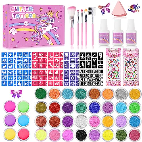 Temporary Glitter Tattoos Kids,32 Glitter Colors and 6 Fluorescent Colors,165 Stencils,2 diamond stickers,3 Glue,5 Brushes,1 Powder Puff,Adults and Kids Arts Glitter Kit,Holiday Gifts for Girls&Boys.