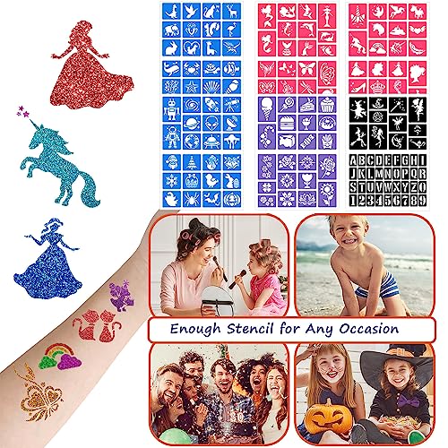 Temporary Glitter Tattoos Kids,32 Glitter Colors and 6 Fluorescent Colors,165 Stencils,2 diamond stickers,3 Glue,5 Brushes,1 Powder Puff,Adults and Kids Arts Glitter Kit,Holiday Gifts for Girls&Boys.