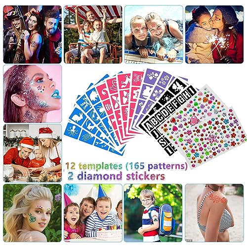 Temporary Glitter Tattoos Kids,32 Glitter Colors and 6 Fluorescent Colors,165 Stencils,2 diamond stickers,3 Glue,5 Brushes,1 Powder Puff,Adults and Kids Arts Glitter Kit,Holiday Gifts for Girls&Boys.