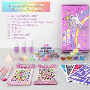 Temporary Glitter Tattoos Kids,32 Glitter Colors and 6 Fluorescent Colors,165 Stencils,2 diamond stickers,3 Glue,5 Brushes,1 Powder Puff,Adults and Kids Arts Glitter Kit,Holiday Gifts for Girls&Boys.