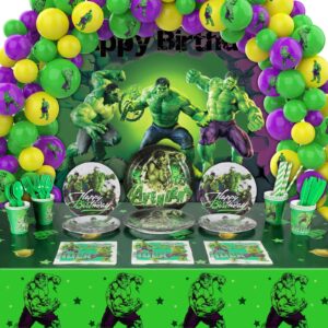 hulk birthday party supplies decorations, hulk theme backdrop, tablecloth balloons kit cups plates napkins tableware set for kids birthday party supplies