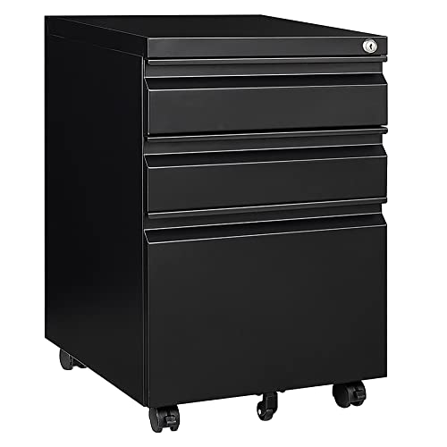 AFAIF 3 Drawer Mobile File Cabinet with Lock, Rolling File Cabinet for Home Office, Under Desk Small File Cabinet, Metal Vertical Black Filing Cabinet for Legal/Letter/A4 File, Not Assembled