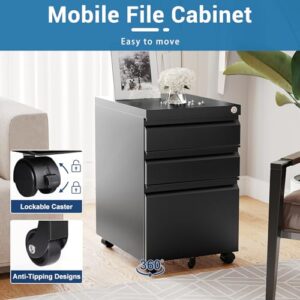 AFAIF 3 Drawer Mobile File Cabinet with Lock, Rolling File Cabinet for Home Office, Under Desk Small File Cabinet, Metal Vertical Black Filing Cabinet for Legal/Letter/A4 File, Not Assembled