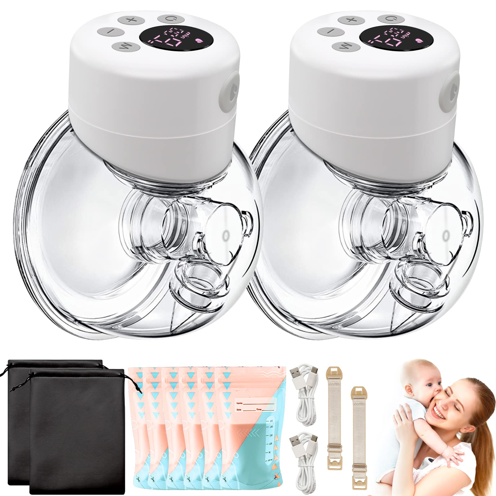 Double Wearable Breast Pump,Hands Free Breast Pump with LCD Display, 2 Modes & 9 Levels of Suction, Memory Function, Hands Free Painless,Portable Breast Pump,24mm Flange