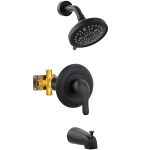 gabrylly shower faucet set, bathtub faucet with 9-setting rain shower head and handle set, single-handle tub shower trim kit with valve, matte black