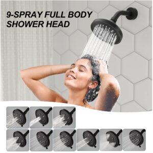 Gabrylly Shower Faucet Set, Bathtub Faucet with 9-Setting Rain Shower Head and Handle Set, Single-Handle Tub Shower Trim Kit with Valve, Matte Black