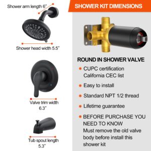 Gabrylly Shower Faucet Set, Bathtub Faucet with 9-Setting Rain Shower Head and Handle Set, Single-Handle Tub Shower Trim Kit with Valve, Matte Black