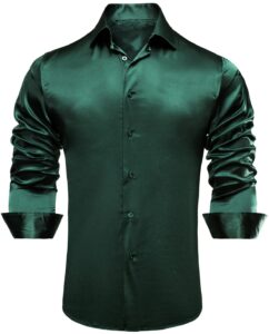 hi-tie stretch satin solid mens dark green dress shirt long sleeve regular fit button down shirt for party prom dinner