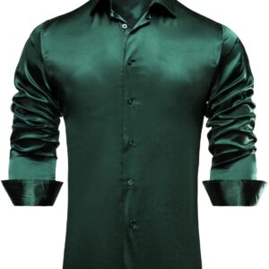 Hi-Tie Stretch Satin Solid Mens Dark Green Dress Shirt Long Sleeve Regular Fit Button Down Shirt for Party Prom Dinner