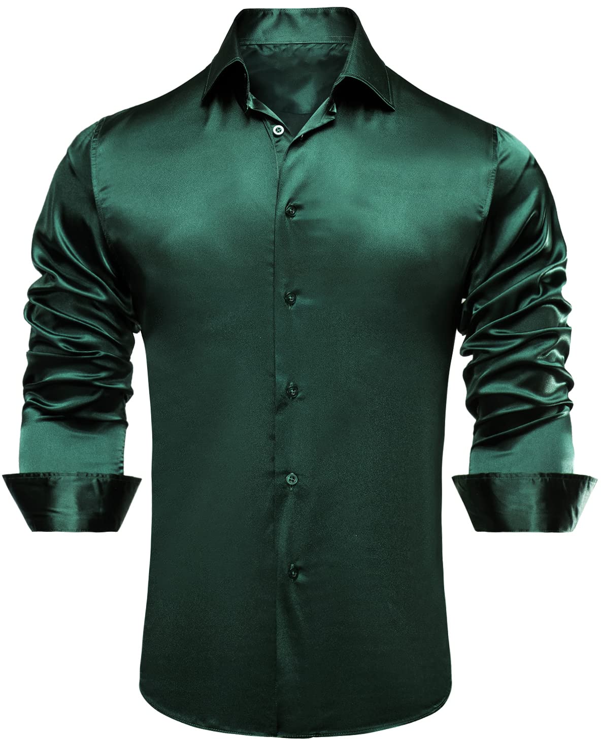 Hi-Tie Stretch Satin Solid Mens Dark Green Dress Shirt Long Sleeve Regular Fit Button Down Shirt for Party Prom Dinner