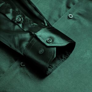 Hi-Tie Stretch Satin Solid Mens Dark Green Dress Shirt Long Sleeve Regular Fit Button Down Shirt for Party Prom Dinner