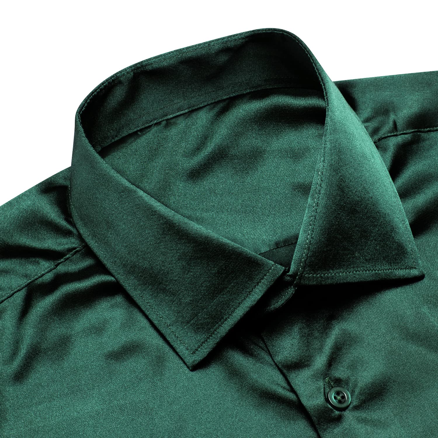 Hi-Tie Stretch Satin Solid Mens Dark Green Dress Shirt Long Sleeve Regular Fit Button Down Shirt for Party Prom Dinner
