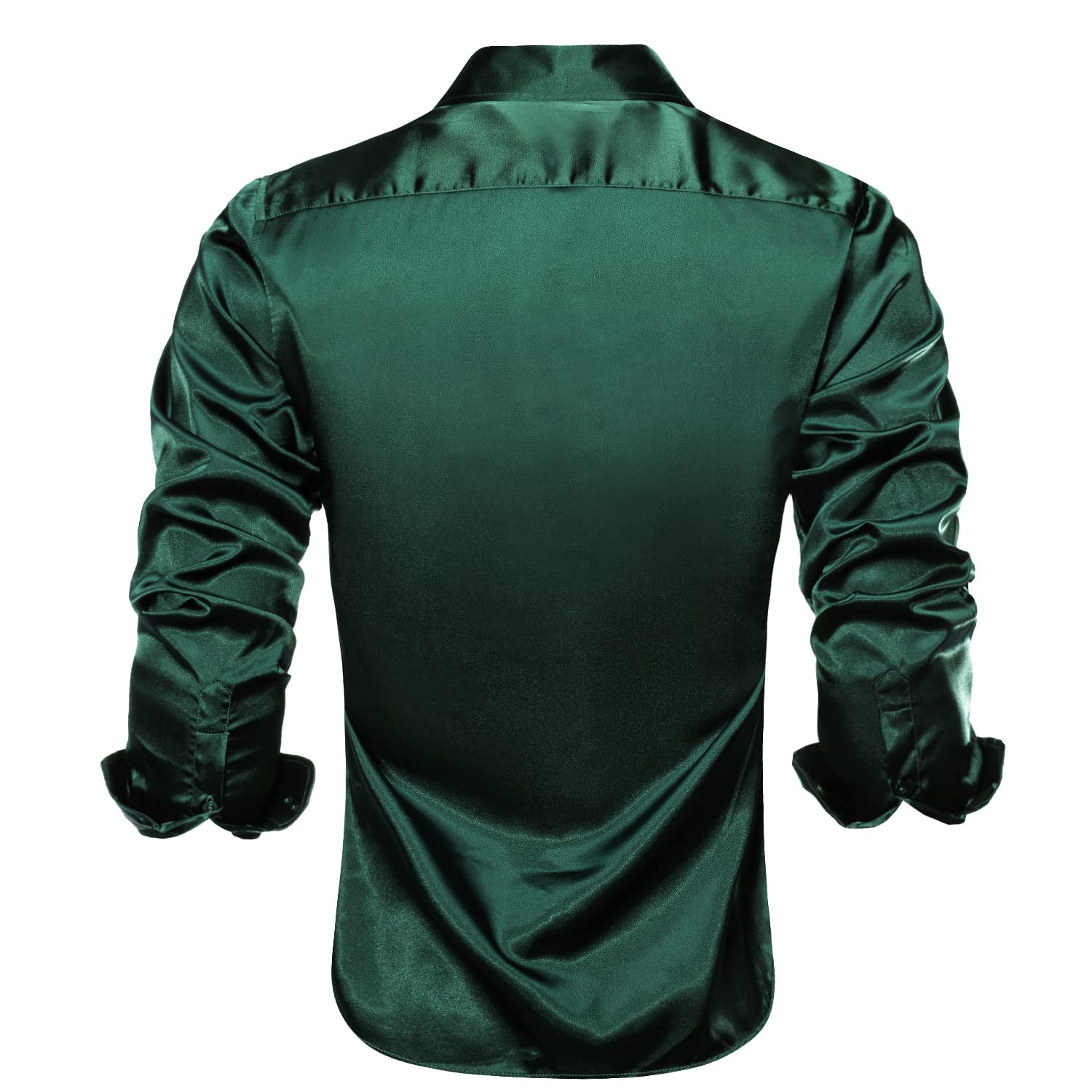 Hi-Tie Stretch Satin Solid Mens Dark Green Dress Shirt Long Sleeve Regular Fit Button Down Shirt for Party Prom Dinner