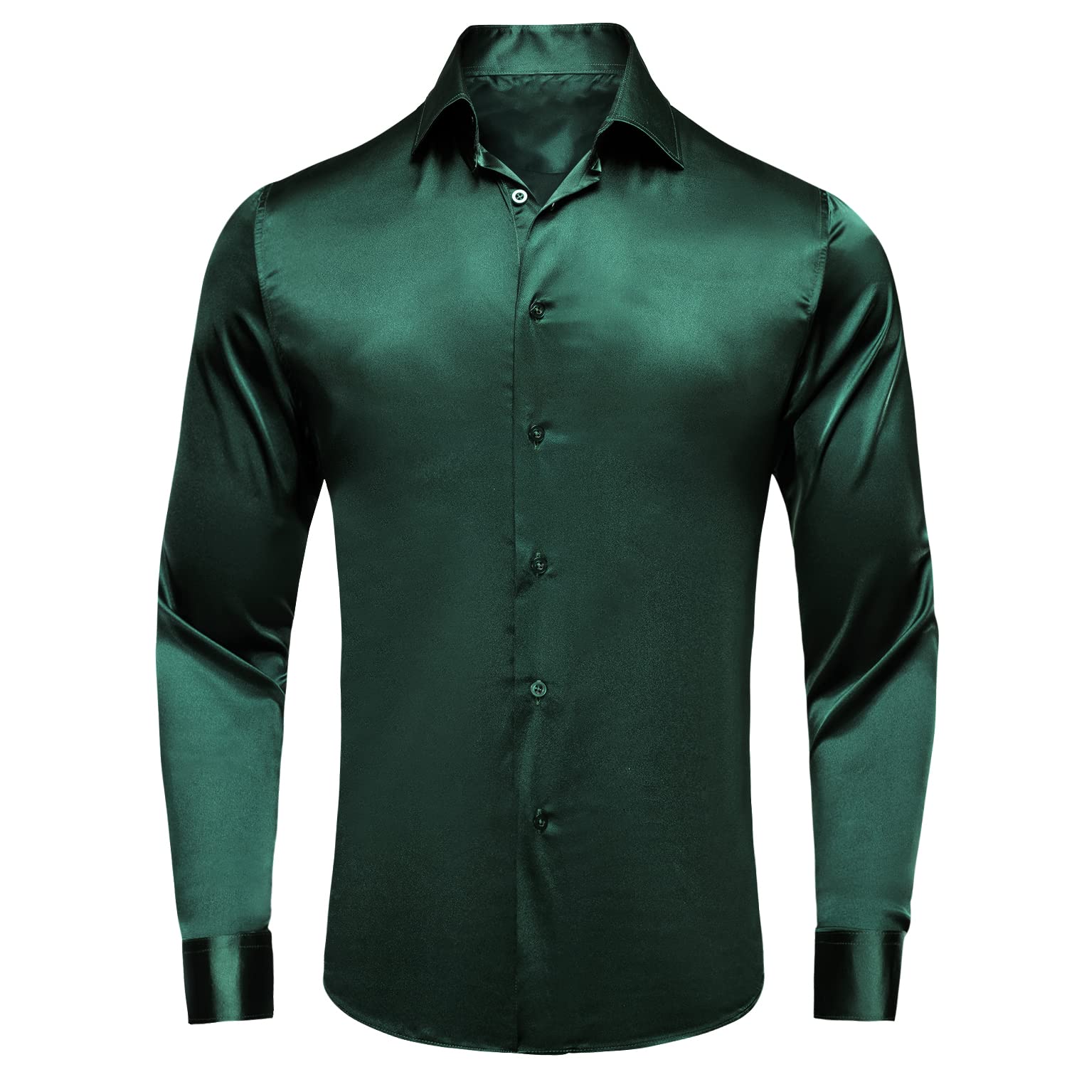 Hi-Tie Stretch Satin Solid Mens Dark Green Dress Shirt Long Sleeve Regular Fit Button Down Shirt for Party Prom Dinner