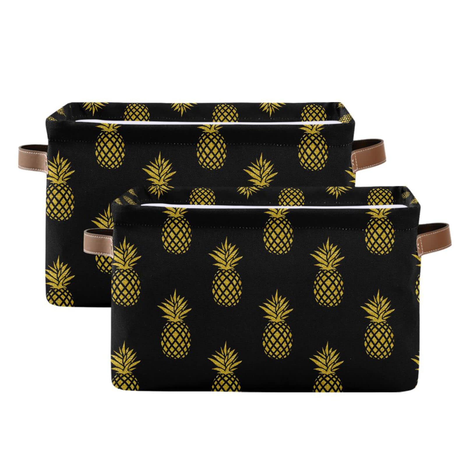 ALAZA Gold Pineapple on Black Large Storage Baskets with Handles Foldable Decorative 2 Pack Storage Bins Boxes for Organizing Living Room Shelves Office Closet Clothes