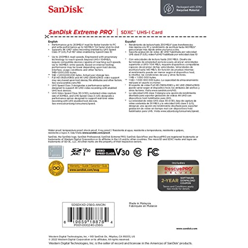 SanDisk Extreme PRO 256GB UHS-I U3 SDXC Memory Card