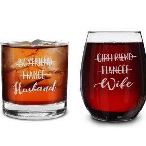 shop4ever® Boyfriend Fiance Husband Girlfriend Fiancee Wife Couples Gift Set Engraved Whiskey Glass and Stemless Wine Glass for Him for Her