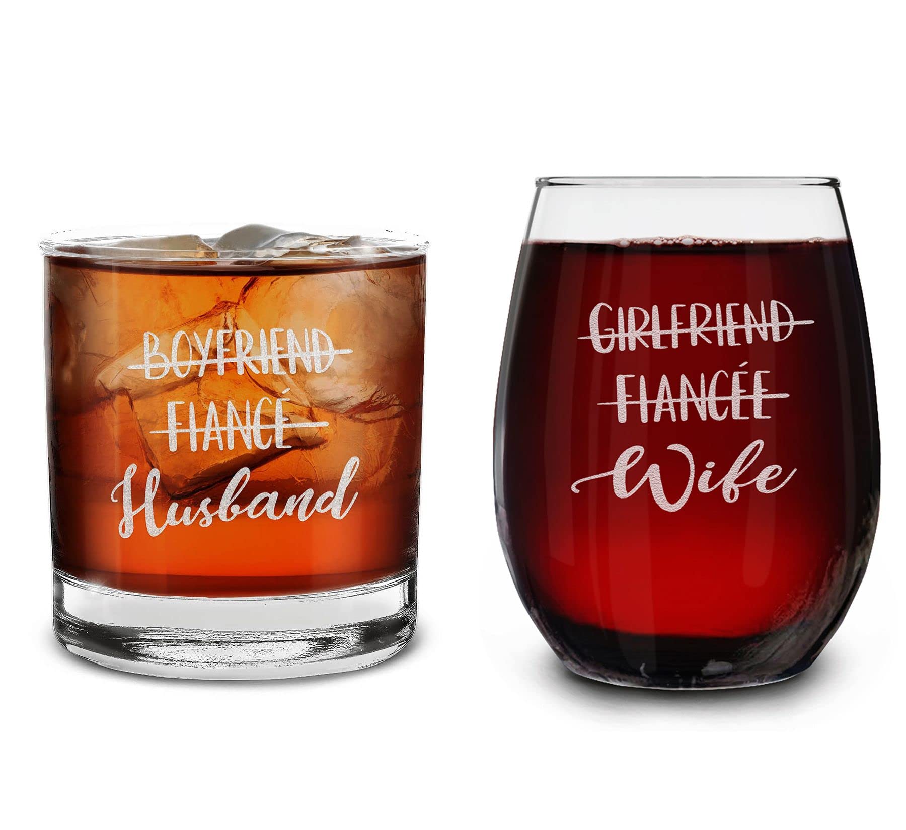 shop4ever® Boyfriend Fiance Husband Girlfriend Fiancee Wife Couples Gift Set Engraved Whiskey Glass and Stemless Wine Glass for Him for Her