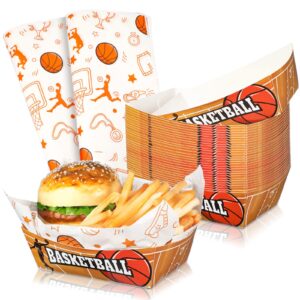 90 pcs basketball party supplies 1.1lb 30 basketball paper food serving tray paper food holder tray disposable paper boat paper food tray with 60 deli wrap wax paper sheets for basketball party favor