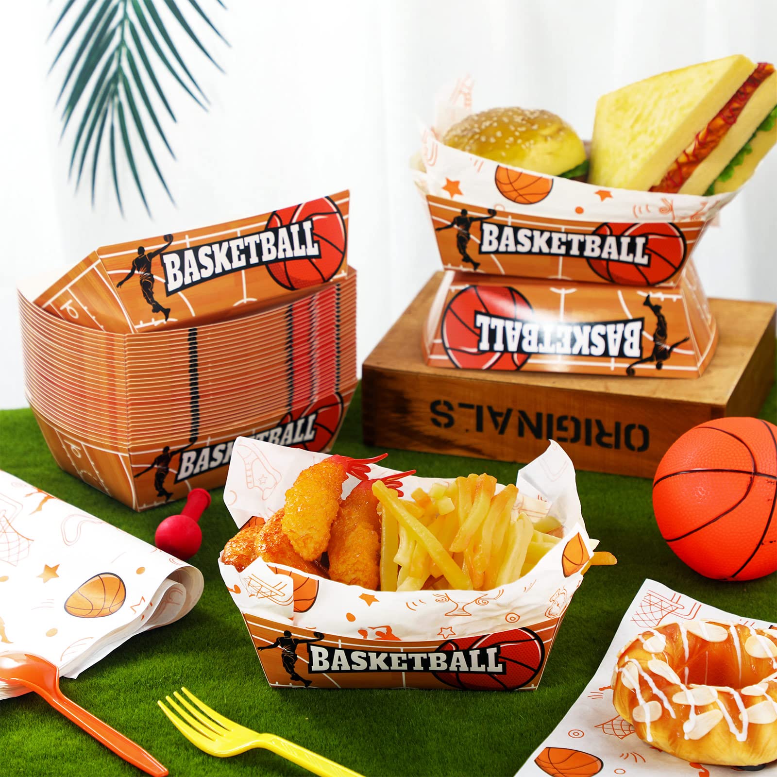 90 PCS Basketball Party Supplies 1.1lb 30 Basketball Paper Food Serving Tray Paper Food Holder Tray Disposable Paper Boat Paper Food Tray with 60 Deli Wrap Wax Paper Sheets for Basketball Party Favor