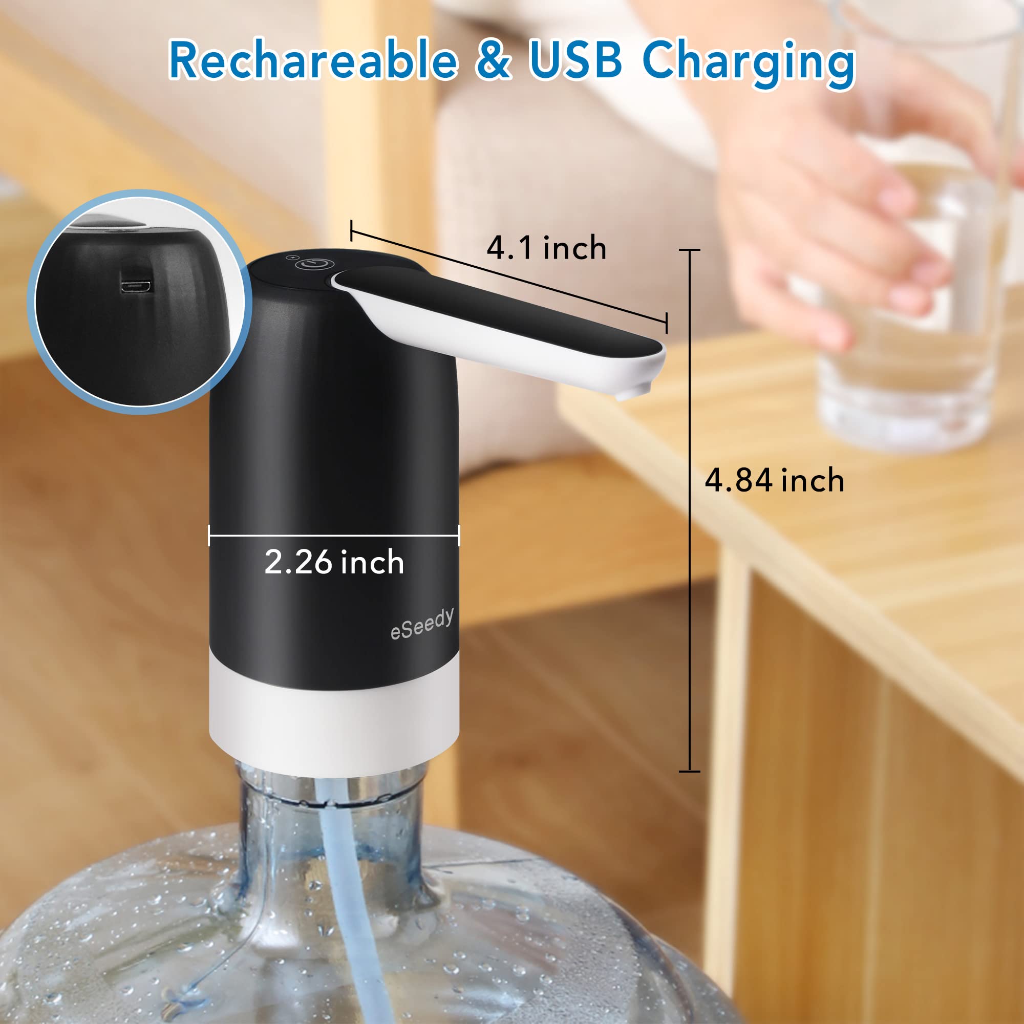 eSeedy Water Dispenser for 5 Gallon Bottle, Portable Rechargeable Electric Water Jug Pump, USB Charging Automatic Drinking Water Pump for Camping Office Home