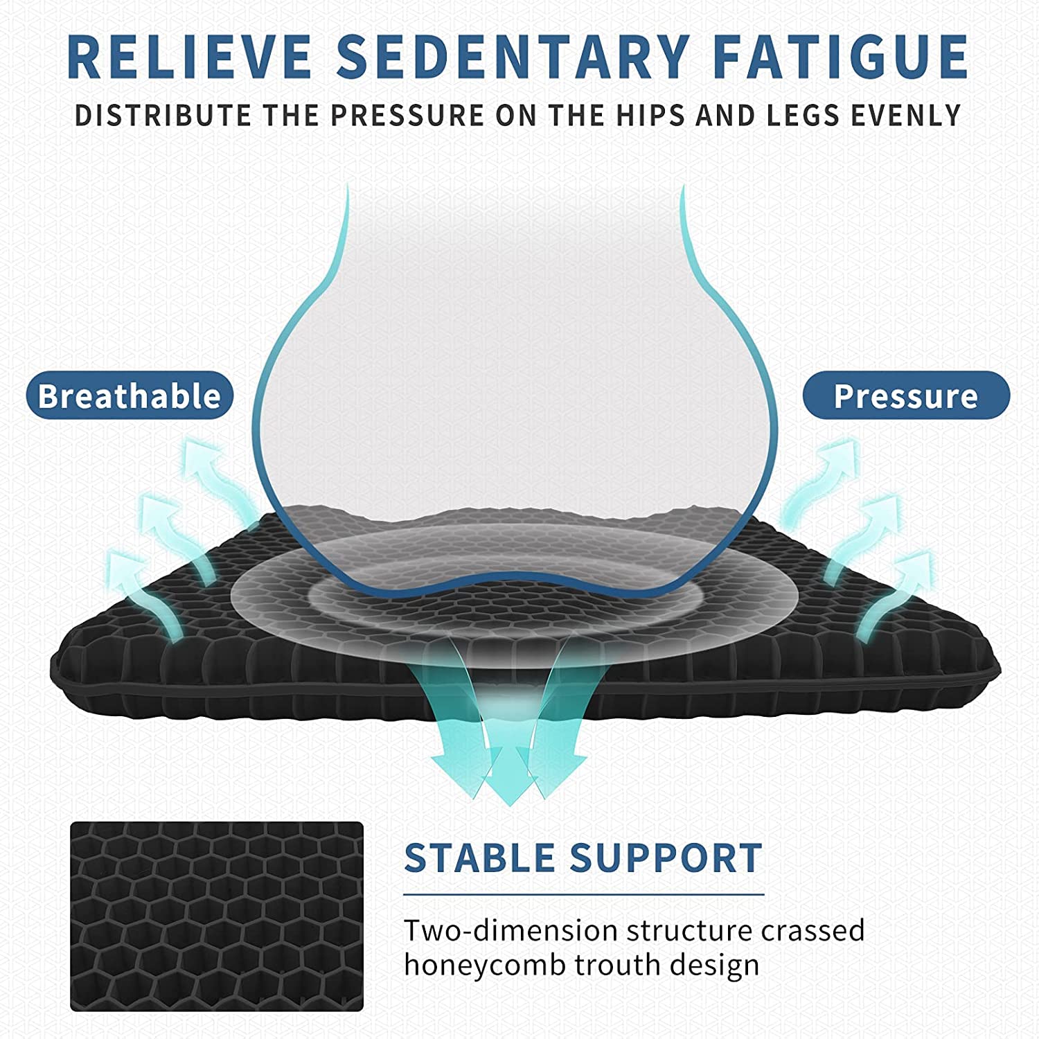 XSIUYU Gel Seat Cushion for Long Sitting - Back, Hip, Tailbone Pain Relief Cushion - Gel Seat Cushion for Office Chair, Cars - Egg Seat Gel Cushion for Wheelchair Pressure Relief Black