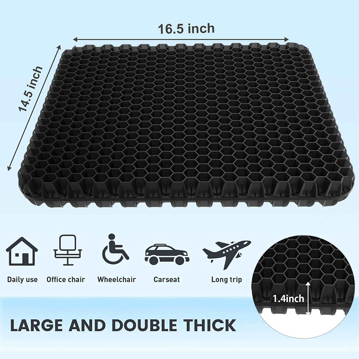 XSIUYU Gel Seat Cushion for Long Sitting - Back, Hip, Tailbone Pain Relief Cushion - Gel Seat Cushion for Office Chair, Cars - Egg Seat Gel Cushion for Wheelchair Pressure Relief Black