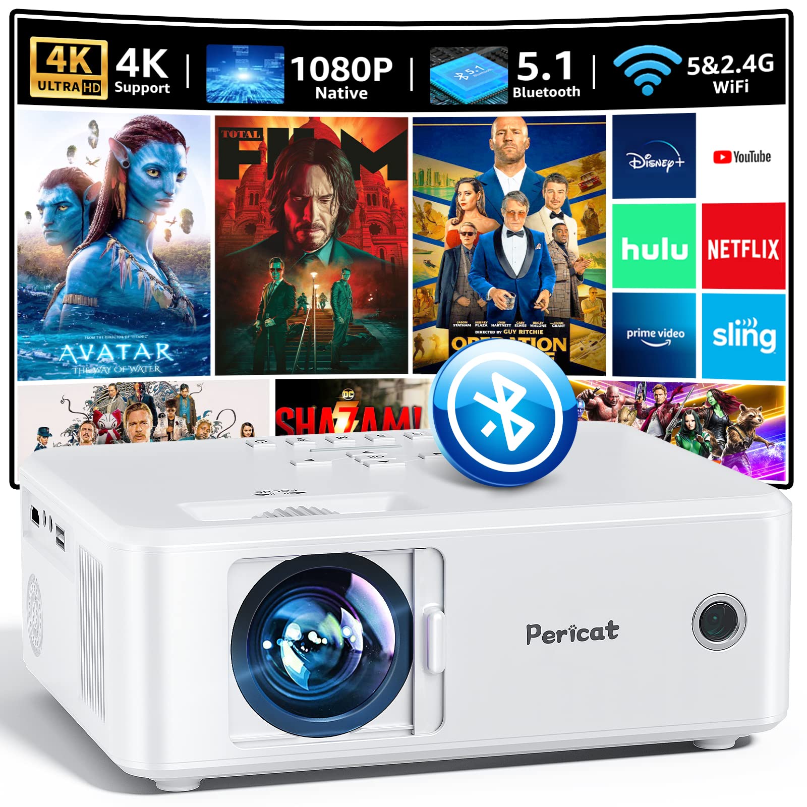 Projector with 5G WiFi Bluetooth, Native 1080P Movie Projector, 10000L 4K Support Portable Outdoor Projector, 2023 Upgraded Projector Compatible with HDMI, VGA, USB, Laptop, iOS & Android Smartphone