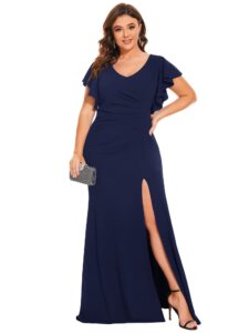 ever-pretty women's plus size v-neck ruffle sleeves side slit mermaid elastic empire prom dress formal dress navy blue l