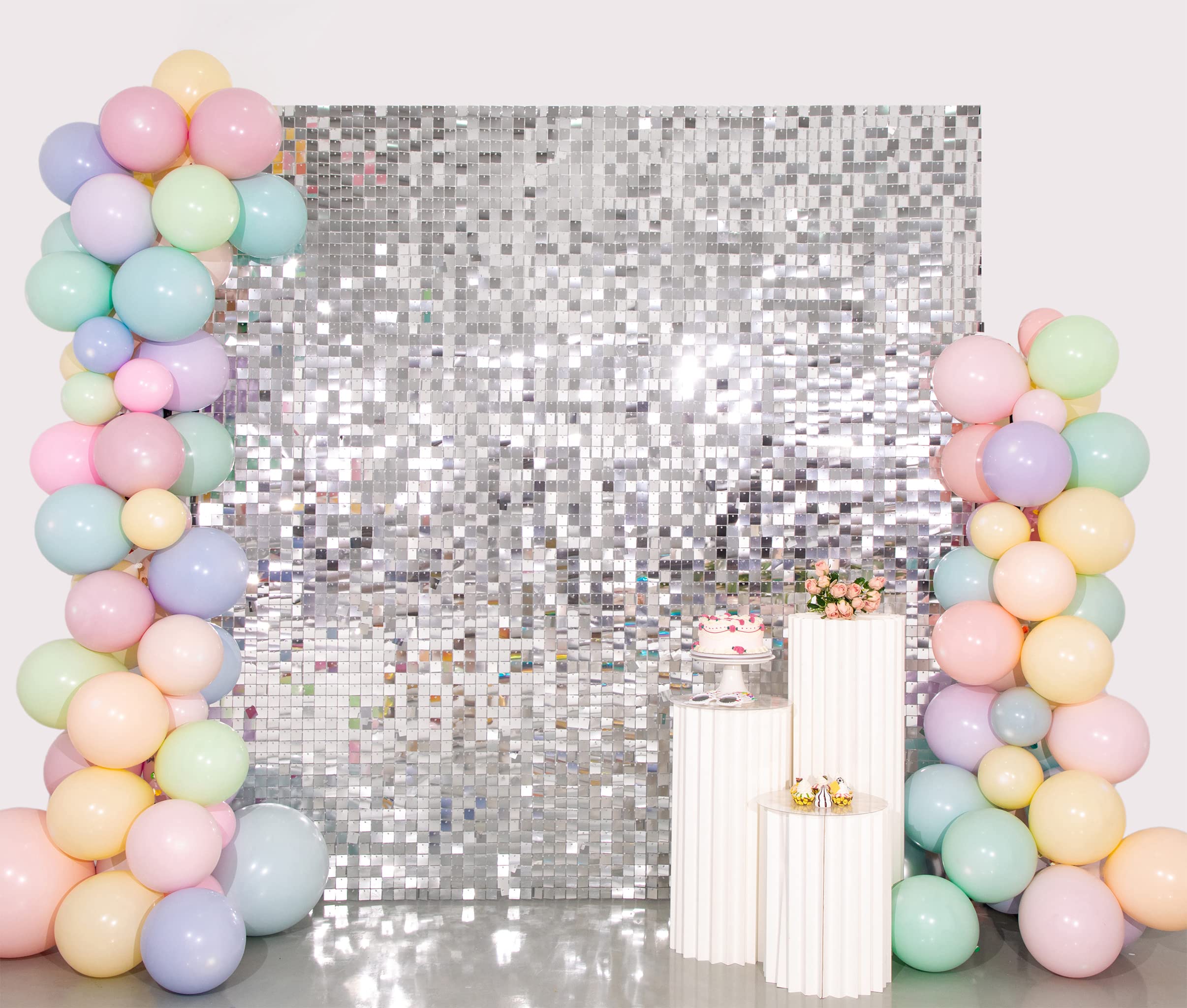 Shimmer Wall Backdrop Panels 24Pcs Square Silver Sequin Shimmer Backdrop Decor for Wedding, Anniversary, Birthday Party Decoration.