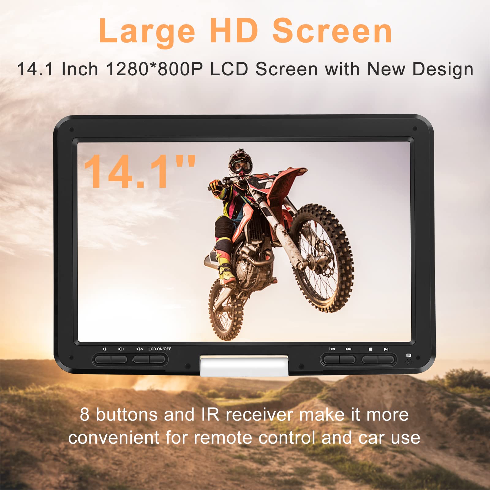 YOOHOO 16.9" Portable DVD Player with 14.1" Large Swivel HD Screen, Designed with Screen Button, Support USB/SD Card/Sync TV/Multi Discs, Region-Free, Power Adapter, Car Charger, Car Headrest Case