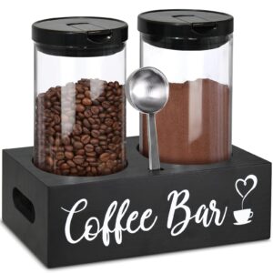 Glass Coffee Containers with Shelf,Coffee Station Organizer,Coffee Canister with Scoop,2x48oz Coffee Bean Storage with Airtight Locking Clamp,Coffee Container for Ground Coffee(Black)